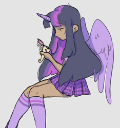 Size: 1224x1309 | Tagged: safe, artist:witchette, twilight sparkle, alicorn, human, g4, big crown thingy, clothes, crown, cute, dark skin, female, horn, humanized, jewelry, kneesocks, plaid skirt, pleated skirt, regalia, simple background, sitting, skirt, socks, solo, twilight sparkle (alicorn), wings