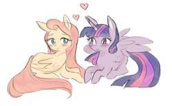 Size: 1898x1172 | Tagged: safe, artist:witchette, fluttershy, twilight sparkle, alicorn, pegasus, pony, g4, blushing, duo, female, heart, holding hooves, lesbian, looking at each other, mare, prone, ship:twishy, shipping, simple background, smiling, twilight sparkle (alicorn)