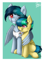 Size: 1791x2480 | Tagged: safe, artist:php97, oc, oc only, oc:apogee, oc:delta vee, pegasus, pony, female, filly, hug, mother and daughter, winghug
