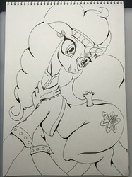 Size: 1280x1707 | Tagged: safe, artist:nipa, saffron masala, pony, unicorn, g4, clothes, cutie mark, female, looking back, mare, sketch, smiling, solo, traditional art
