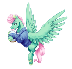 Size: 1200x1150 | Tagged: safe, artist:longmuzzlepony, gentle breeze, pegasus, pony, g4, bottle, clothes, facial hair, flying, male, simple background, solo, spread wings, stallion, sweater, transparent background, wings