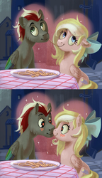 Size: 1151x2000 | Tagged: safe, artist:lis-alis, oc, oc only, oc:bay breeze, oc:mahx, pegasus, pony, 2 panel comic, bahx, blushing, comic, cute, duo, female, folded wings, food, heart eyes, lady and the tramp, male, nose to nose, oc x oc, ocbetes, pasta, shipping, spaghetti, straight, textless, wingding eyes, wings