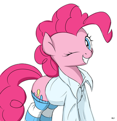Size: 1566x1630 | Tagged: safe, artist:jh, pinkie pie, earth pony, pony, g4, clothes, cute, diapinkes, female, looking at you, mare, one eye closed, shirt, simple background, smiling, socks, solo, striped socks, white background, wink