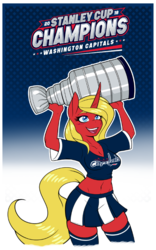 Size: 513x824 | Tagged: safe, artist:ambris, oc, oc only, oc:scarlet rose, unicorn, anthro, anthro oc, belly button, blonde, blue eyes, busty scarlet rose, clothes, female, hockey, ice hockey, midriff, muscular female, nhl, short shirt, skirt, solo, sports, stanley cup, stanley cup finals, trophy, washington capitals, zettai ryouiki