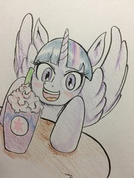 Size: 960x1280 | Tagged: safe, artist:nipa, twilight sparkle, alicorn, pony, g4, blushing, cup, eyes on the prize, female, food, happy, mare, open mouth, smiling, solo, spread wings, table, traditional art, twilight sparkle (alicorn), unicorn frappuccino, wings