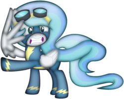 Size: 1024x815 | Tagged: safe, artist:leanne264, oc, oc only, oc:skyfall, pegasus, pony, base used, clothes, female, goggles, mare, offspring, parent:princess celestia, simple background, solo, transparent background, uniform, wing hands, wonderbolts uniform
