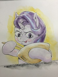 Size: 3264x2448 | Tagged: safe, artist:nipa, starlight glimmer, pony, unicorn, g4, blush sticker, blushing, bowl, female, high res, mare, mixing, mixing bowl, solo, spoon, sweat, table, tongue out, traditional art