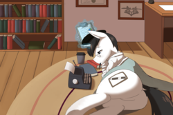 Size: 4200x2800 | Tagged: safe, artist:grey-horse, oc, oc only, oc:schwarz, pony, book, bookshelf, glasses, pencil, solo, the ass was fat, typewriter