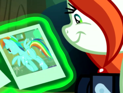 Size: 813x615 | Tagged: safe, screencap, crackle cosette, queen chrysalis, rainbow dash, g4, the mean 6, butt, butt shot, camera, chrysalis' picture, disguise, disguised changeling, meme origin, out of context, picture, plot, plot shot