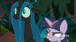 Size: 1638x921 | Tagged: safe, screencap, mean twilight sparkle, queen chrysalis, changeling, changeling queen, g4, the mean 6, clone, everfree forest, forest, former queen chrysalis, interrupted, mocking, raised eyebrow, smiling, smirk, wide eyes
