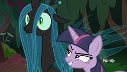 Size: 1920x1080 | Tagged: safe, screencap, mean twilight sparkle, queen chrysalis, alicorn, changeling, changeling queen, pony, g4, the mean 6, clone, discovery family logo, female, former queen chrysalis, interrupted, mocking, wide eyes