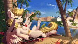 Size: 1920x1080 | Tagged: safe, artist:discordthege, oc, oc only, oc:dandelion blossom, pegasus, pony, cloud, cocktail umbrella, commission, desert, digital art, drink, female, mare, palm tree, relaxing, signature, sky, tent, tree, wallpaper, water