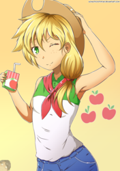 Size: 1024x1453 | Tagged: safe, artist:achaoticdotstar, applejack, equestria girls, g4, armpits, clothes, cowboy hat, female, hat, juice, juice box, looking at you, one eye closed, redo, solo, stetson, wink