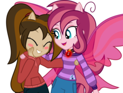 Size: 656x494 | Tagged: safe, artist:mlp-trailgrazer, oc, oc only, oc:contralto, oc:cupcake slash, equestria girls, g4, blushing, clothes, cute, cutie mark on clothes, equestria girls-ified, eyes closed, female, fin wings, fins, gem, happy, hybrid wings, in love, oc x oc, ocbetes, open mouth, pants, ponied up, pony ears, shipping, simple background, siren gem, smiling, transparent background, wings