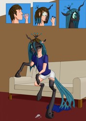 Size: 905x1280 | Tagged: safe, artist:settop, queen chrysalis, changeling, human, g4, bottle, changelingified, couch, female, human to changeling, male to female, mid-transformation, open mouth, open smile, potion, rule 63, smiling, solo, species swap, tongue out, transformation, transformation sequence, transgender transformation