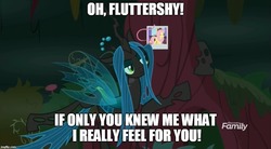 Size: 907x500 | Tagged: safe, edit, edited screencap, screencap, fluttershy, queen chrysalis, changeling, changeling queen, g4, the mean 6, female, fluttertree, former queen chrysalis, tree