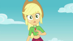 Size: 1088x612 | Tagged: safe, screencap, applejack, leafy mint, equestria girls, equestria girls series, g4, turf war, animated, applejack's hat, background human, barefoot, belly button, cowboy hat, feet, female, food, geode of super strength, gif, hat, ice cream, lifeguard applejack, magical geodes, midriff, solo, stetson