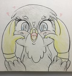 Size: 1948x2048 | Tagged: safe, artist:nipa, gabby, griffon, g4, female, heart, looking at you, open mouth, solo, traditional art