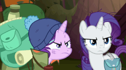 Size: 840x471 | Tagged: safe, screencap, rarity, starlight glimmer, pony, unicorn, g4, season 8, the mean 6, animated, backpack, bag, camping outfit, clothes, cropped, crying, cute, dilated pupils, dirty, eye shimmer, female, floppy ears, frown, gasp, gif, glare, glimmerbetes, hat, lamp, lantern, mare, messy mane, parka, pouting, raised hoof, sad, sadlight glimmer, sadorable, teary eyes, tuque, upset, wavy mouth, wide eyes