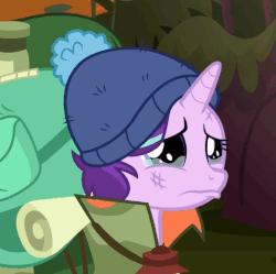 Size: 472x471 | Tagged: safe, screencap, starlight glimmer, pony, unicorn, g4, season 8, the mean 6, animated, backpack, camping outfit, cropped, crying, cute, dilated pupils, dirty, eye shimmer, female, frown, gif, glimmerbetes, hat, lantern, lidded eyes, loop, mare, messy mane, pouting, sad, saddle bag, sadlight glimmer, sadorable, solo, teary eyes, wavy mouth