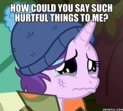 Size: 600x544 | Tagged: safe, edit, edited screencap, screencap, starlight glimmer, pony, unicorn, g4, the mean 6, beanie, cropped, crying, hat, image macro, meme, memeful.com, teary eyes