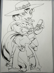 Size: 2448x3264 | Tagged: safe, artist:nipa, applejack, earth pony, pony, semi-anthro, g4, amputee, chaps, cigar, clothes, cowboy hat, crossover, female, gun, handgun, hat, high res, jesse mccree, looking at you, looking back, looking back at you, mccreejack, monochrome, overwatch, pistol, prosthetic limb, prosthetics, smoking, solo, spurs, traditional art