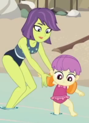 Size: 290x398 | Tagged: safe, screencap, victoria, water lily (g4), equestria girls, g4, my little pony equestria girls: better together, turf war, baby, barefoot, clothes, cropped, cute, feet, female, mother and daughter, swimsuit, toddler