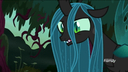 Size: 960x540 | Tagged: safe, screencap, queen chrysalis, changeling, changeling queen, g4, the mean 6, animated, discovery family logo, everfree forest, eye twitch, female, no sound, quadrupedal, solo, webm