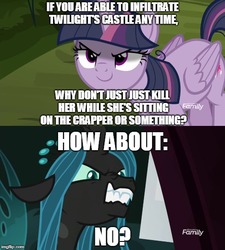 Size: 500x556 | Tagged: safe, edit, edited screencap, screencap, mean twilight sparkle, queen chrysalis, alicorn, changeling, changeling queen, pony, g4, the mean 6, austin powers, austin powers in goldmember, clone, dialogue, discovery family logo, dr. evil, female, former queen chrysalis, how about no, image macro, meme