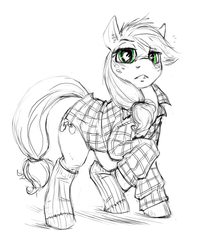 Size: 2438x3058 | Tagged: safe, artist:corevaluesart, applejack, earth pony, pony, g4, clothes, female, hatless, high res, mare, missing accessory, shirt, simple background, socks, solo, striped socks, white background