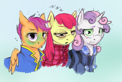 Size: 1619x1087 | Tagged: safe, artist:corevaluesart, apple bloom, scootaloo, sweetie belle, earth pony, pegasus, pony, unicorn, g4, clothes, cutie mark crusaders, green face, jacket, shirt, sick, stressed, tired