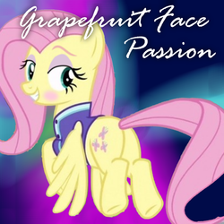 Size: 1400x1400 | Tagged: safe, editor:grapefruitface, fluttershy, pony, g4, album cover, bedroom eyes, blushing, butt, female, grapefruit face, looking at you, passion, plot, single cover, solo