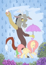 Size: 2480x3508 | Tagged: safe, artist:yanamosuda, discord, fluttershy, g4, eraser, flower, high res, rain, umbrella