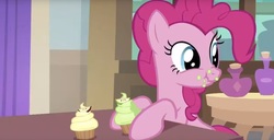 Size: 1660x850 | Tagged: safe, screencap, pinkie pie, g4, the mean 6, cupcake, eating, food, scrunchy face