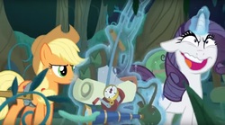 Size: 1673x927 | Tagged: safe, screencap, applejack, mean rarity, earth pony, pony, unicorn, g4, the mean 6, clone, duo, faic, female, fishing rod, glowing horn, horn, magic, mare, open mouth, telekinesis