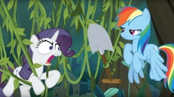 Size: 1658x922 | Tagged: safe, screencap, mean rarity, rainbow dash, g4, the mean 6, clone, shovel, vine