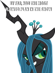 Size: 1600x2105 | Tagged: safe, queen chrysalis, pony, g4, the mean 6, caption, evil smile, female, grin, image macro, insult, meme, simple background, smiling, solo, transparent background