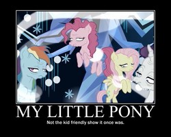 Size: 750x600 | Tagged: safe, edit, edited screencap, screencap, mean fluttershy, mean pinkie pie, mean rainbow dash, mean rarity, tree of harmony, earth pony, pegasus, pony, unicorn, g4, the mean 6, clone, dying, evil rainbow dash, female, mare, melting, motivational poster, title drop, you know for kids, you ruined everything