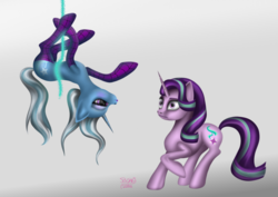 Size: 4960x3508 | Tagged: safe, artist:sstab29, starlight glimmer, trixie, pony, unicorn, g4, duo, female, kissing, lesbian, lipstick, male, mare, purple lipstick, ship:startrix, shipping, simple background, spider web, spider-man, surprised, upside down
