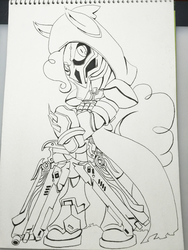 Size: 2448x3264 | Tagged: safe, artist:nipa, pinkie pie, earth pony, pony, semi-anthro, g4, armor, cloak, clothes, crossover, female, gun, high res, hoof hold, mask, monochrome, overwatch, reaper (overwatch), solo, traditional art, weapon