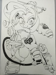 Size: 3264x2448 | Tagged: safe, artist:nipa, rarity, pony, unicorn, semi-anthro, boots, clothes, coat, crossover, female, gloves, gun, hairpin, hoof hold, mei, monochrome, overwatch, pants, shirt, shoes, solo, traditional art, weapon