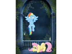 Size: 960x720 | Tagged: safe, fluttershy, rainbow dash, g4, floppy ears, scared, scary place