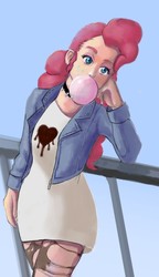 Size: 828x1437 | Tagged: safe, artist:miguelpanhead, pinkie pie, human, g4, bubblegum, food, gum, humanized, leaning, railing