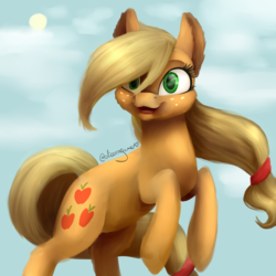 Size: 4000x4000 | Tagged: safe, artist:elicorngamer, applejack, earth pony, pony, g4, blonde, cutie mark, female, happy, hatless, looking at you, missing accessory, rearing, signature, simple background, smiling, solo, sun, white background