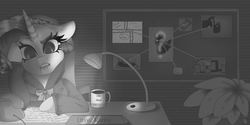 Size: 2000x1000 | Tagged: safe, artist:gurepinku, rarity, pony, unicorn, g4, bulletin board, clothes, coffee mug, cup, desk, detective rarity, female, grayscale, lamp, lip bite, monochrome, mug, phone, solo