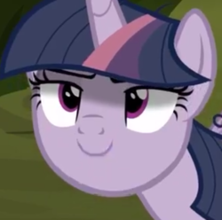 Size: 437x433 | Tagged: safe, screencap, mean twilight sparkle, alicorn, pony, g4, the mean 6, c:, clone, creepy, creepy smile, cropped, evil grin, fake twilight, female, grin, smiling, solo
