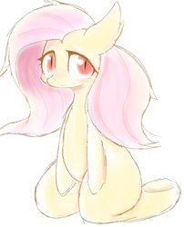 Size: 957x1183 | Tagged: safe, artist:91o42, fluttershy, bat pony, semi-anthro, g4, blushing, ear fluff, female, flutterbat, kneeling, looking at you, mare, race swap, red eyes, simple background, sitting, slit pupils, solo, white background, wingless