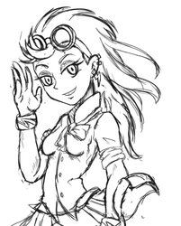 Size: 714x888 | Tagged: safe, artist:nipa, indigo zap, equestria girls, g4, beautiful, breasts, clothes, ear piercing, earring, female, goggles, jewelry, looking at you, monochrome, piercing, pleated skirt, shirt, skirt, solo, wip, wristband