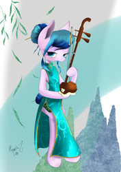 Size: 1240x1754 | Tagged: safe, artist:psaxophone, oc, oc only, earth pony, semi-anthro, blushing, cheongsam, clothes, erhu, female, hair bun, lidded eyes, looking at you, mare, musical instrument, solo, tail bun