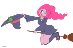 Size: 1000x667 | Tagged: safe, artist:empyu, gummy, pinkie pie, alligator, equestria girls, g4, 30 minute art challenge, anime, boots, broom, clothes, crossover, cute, dress, female, flying, flying broomstick, little witch academia, miniskirt, moe, netflix, open mouth, shoes, simple background, skirt, solo, thighs, white background, witch